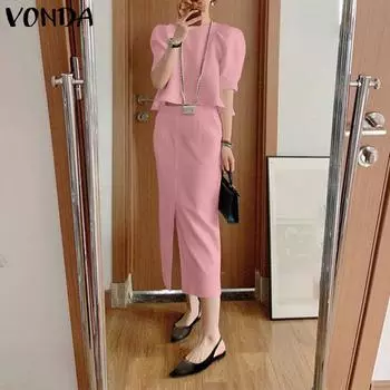 VONDA Женские элегантные топы с круглым вырезом и короткими рукавами, длинные юбки трапециевидной формы, костюмы