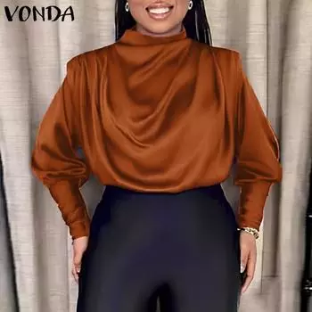 VONDA Женские блузки больших размеров из осеннего атласа с длинными рукавами в складку S коричневый