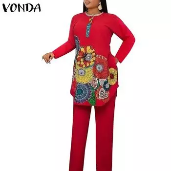 VONDA женские большие брюки с круглым вырезом и длинными рукавами, свободные брюки с неровным краем и принтом, широкие брюки с верхним карманом