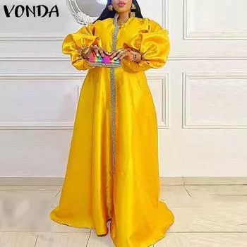 VONDA женские большие размеры, маленькие стоячие пышные платья с длинными рукавами, свадебные атласные серебряные аксессуары, длинные платья с отделкой