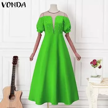 VONDA женские большие размеры на одно плечо с v-образным вырезом и пышными рукавами, однотонные свободные повседневные платья трапециевидной формы M ярко-розовый