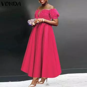 VONDA женские большие размеры на одно плечо с v-образным вырезом и коротким рукавом, однотонные длинные повседневные платья трапециевидной формы