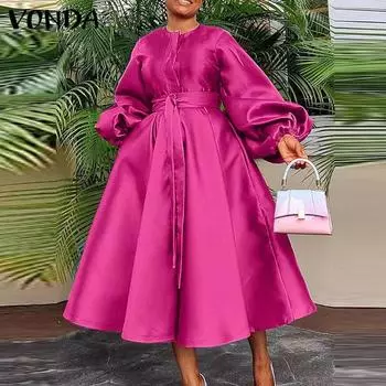 VONDA женские большие размеры с круглым вырезом и длинными рукавами, поясом и карманами, свадебные атласные однотонные платья миди M красный