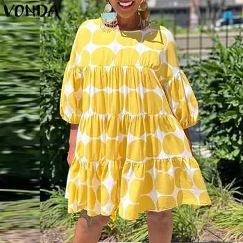 VONDA женские большие размеры с круглым вырезом 3/4 и длинными рукавами в горошек, однотонные длинные платья