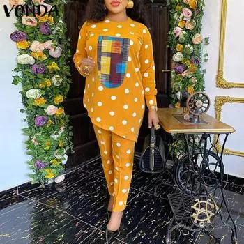 VONDA женские большие размеры с круглым вырезом и длинными рукавами в горошек, однотонные свободные комплекты из топа и брюк L жёлтый