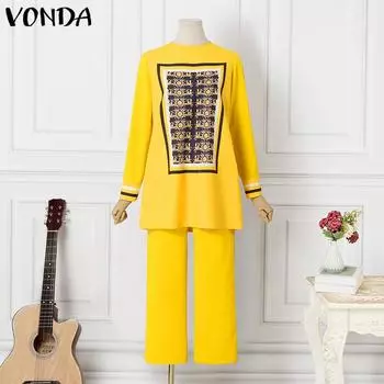 VONDA женские большие размеры с круглым вырезом и длинными рукавами с принтом, свободные блузки и брюки, костюмы 5XL оранжевый