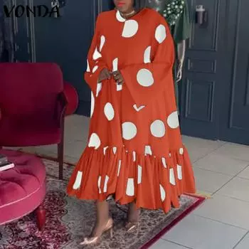 VONDA женские большие размеры с круглым вырезом и длинным рукавом в горошек, плиссированные подол, свободные платья миди M оранжевый