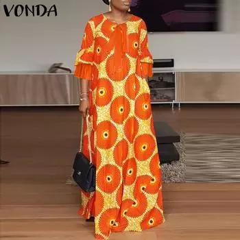 VONDA женские большие размеры с круглым вырезом, контрастные цвета, свободные длинные платья с принтом
