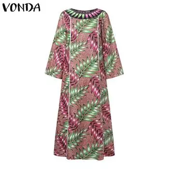 VONDA женские большие размеры с круглым вырезом, расклешенными длинными рукавами и цветочным принтом, плиссированные длинные платья