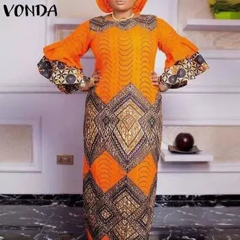 VONDA женские большие размеры с круглым вырезом, рюшами, длинными рукавами и принтом, свободные длинные платья