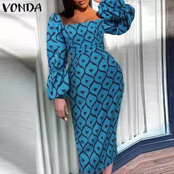 VONDA женские большие размеры с квадратным вырезом и принтом, пышные рукава, талия, длинные повседневные платья с талией и бедрами L синий