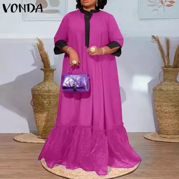 VONDA женские большие размеры с откидной шеей и длинным рукавом, подол, лоскутное платье цвета столкновения, длинные платья