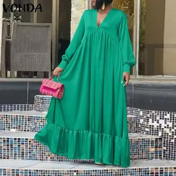 VONDA женские большие размеры с v-образным вырезом и длинным рукавом, однотонные длинные повседневные платья