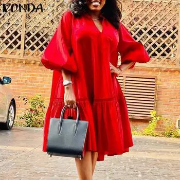 VONDA женские большие размеры с V-образным вырезом и длинными рукавами в стиле пэчворк, однотонные свободные платья с подолом