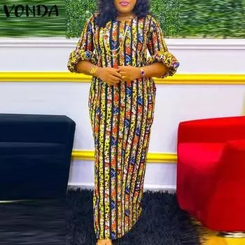 VONDA женские длинные платья больших размеров с круглым вырезом и короткими рукавами и принтом