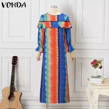 VONDA женские длинные платья большого размера с круглым вырезом и рукавами-пузырьками с принтом M зелёный