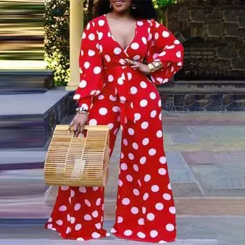 VONDA Женские комбинезоны больших размеров с V-образным вырезом и длинным рукавом в горошек с широкими штанинами S зелёный