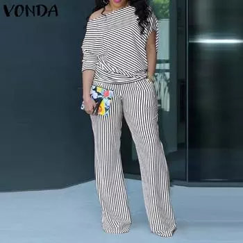 VONDA Женские комплекты с топами и брюками больших размеров с открытыми плечами и рукавами 3/4 в полоску S чёрный