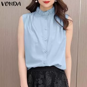 VONDA Женские летние блузки без рукавов с оборками и круглым вырезом 3XL зелёный