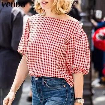 VONDA Женские летние блузки-фонарики с открытыми плечами и короткими рукавами в клетку S чёрный