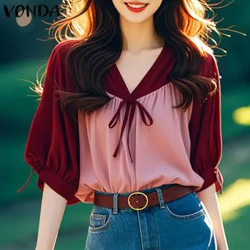 VONDA Женские летние блузки-фонарики с V-образным вырезом и короткими рукавами в стиле пэчворк XL зелёный