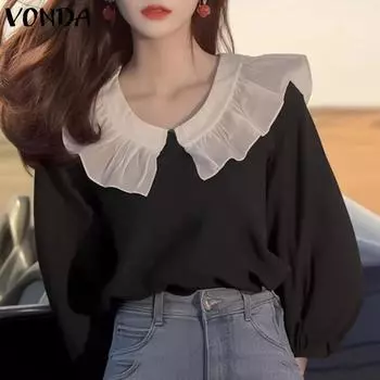VONDA Женские летние блузки с длинным рукавом и оборками на лацканах контрастного цвета S чёрный