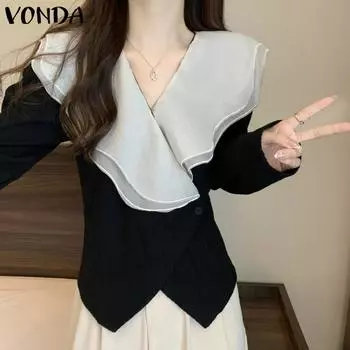 VONDA Женские летние блузки с длинным рукавом и оборками на лацканах S белый