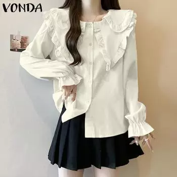 VONDA Женские летние блузки с длинным рукавом и лацканами S чёрный