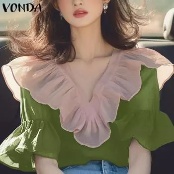 VONDA Женские летние блузки с коротким рукавом и V-образным вырезом, контрастного цвета S синий