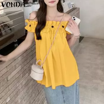 VONDA Женские летние блузки с коротким рукавом и оборками на открытых плечах S жёлтый