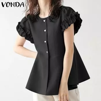 VONDA Женские летние блузки с коротким рукавом и круглым вырезом, пуговицами в форме сердца и оборками S розовый