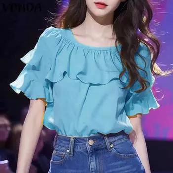 VONDA Женские летние блузки с короткими рукавами и оборками вокруг шеи S жёлтый