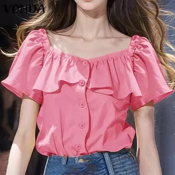 VONDA Женские летние блузки с короткими рукавами и оборками, квадратным вырезом и буфами S оранжевый