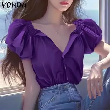 VONDA Женские летние блузки с короткими рукавами и V-образным вырезом и оборками M