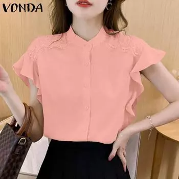 VONDA Женские летние блузки с короткими рукавами и воротником-стойкой 2XL
