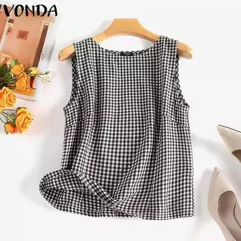 VONDA Женские летние блузки с круглым вырезом без рукавов, однотонные, свободные, в клетку