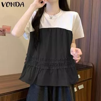 VONDA Женские летние блузки с круглым вырезом и коротким рукавом из контрастного кружева S жёлтый