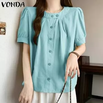 VONDA Женские летние блузки с круглым вырезом и коротким рукавом на пуговицах L жёлтый