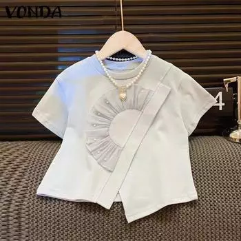 VONDA Женские летние блузки с круглым вырезом и коротким рукавом, украшенные жемчугом S белый