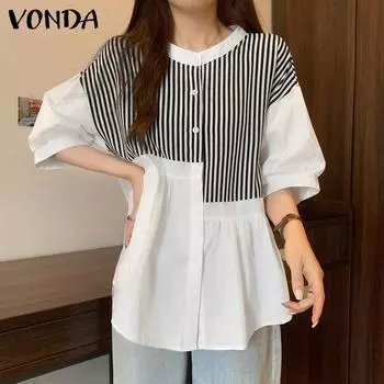 VONDA Женские летние блузки с круглым вырезом и короткими рукавами в полоску S чёрный