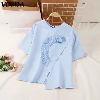 VONDA Женские летние блузки с круглым вырезом и коротким рукавом, украшенные жемчугом S белый