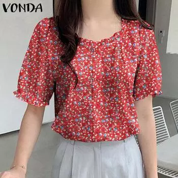 VONDA Женские летние блузки с круглым вырезом и коротким рукавом с цветочным принтом 5XL жёлтый