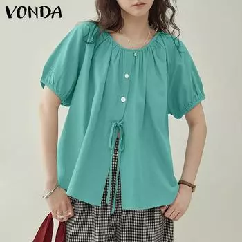 VONDA Женские летние блузки с круглым вырезом и коротким рукавом с разрезом 3XL светло-синий