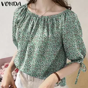 VONDA Женские летние блузки с круглым вырезом и коротким рукавом с цветочным принтом S красный