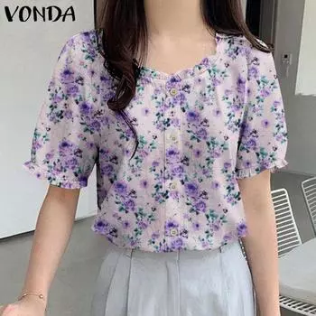 VONDA Женские летние блузки с круглым вырезом и коротким рукавом с цветочным принтом 5XL розовый