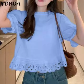 VONDA Женские летние блузки с круглым вырезом и короткими рукавами, кружевным подолом 3XL жёлтый
