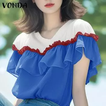 VONDA Женские летние блузки с круглым вырезом и коротким рукавом с оборками и контрастными цветами 3XL темно-розовый