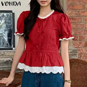 VONDA Женские летние блузки с круглым вырезом и короткими рукавами, кружевным подолом S жёлтый