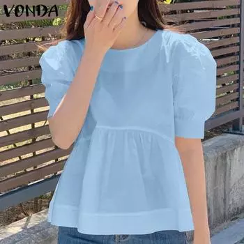 VONDA Женские летние блузки с круглым вырезом и коротким рукавом, плиссированные блузки S чёрный