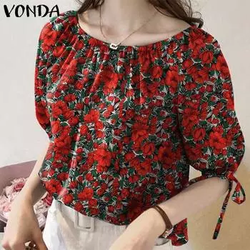 VONDA Женские летние блузки с круглым вырезом и коротким рукавом с цветочным принтом 4XL красный